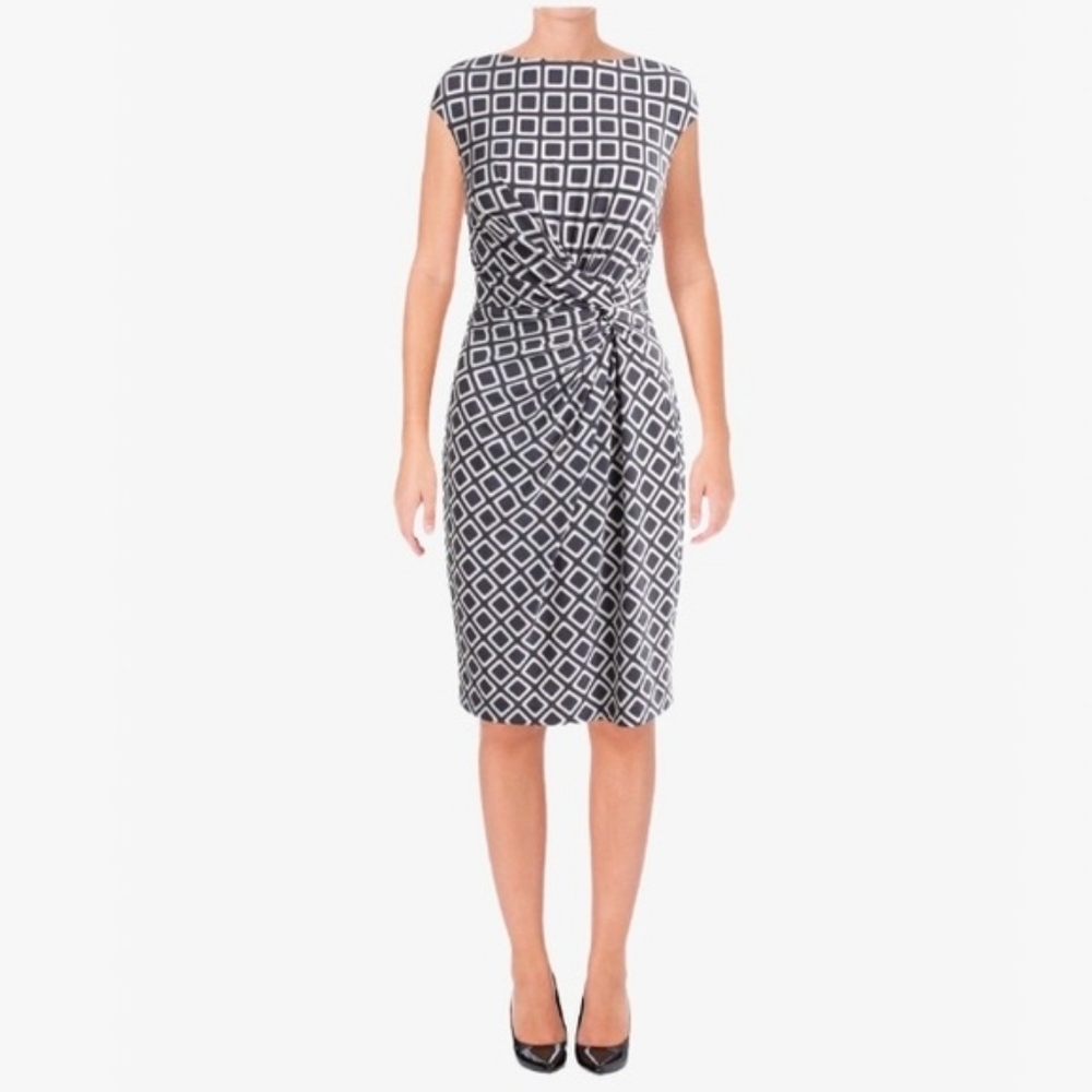 Ralph Lauren Black & White Geometric Ruched Sheath Midi Dress | Size 16